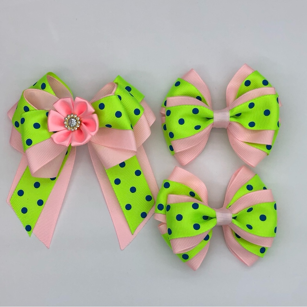 Pink & Lime Polka Dot Kids Hair Bow Set